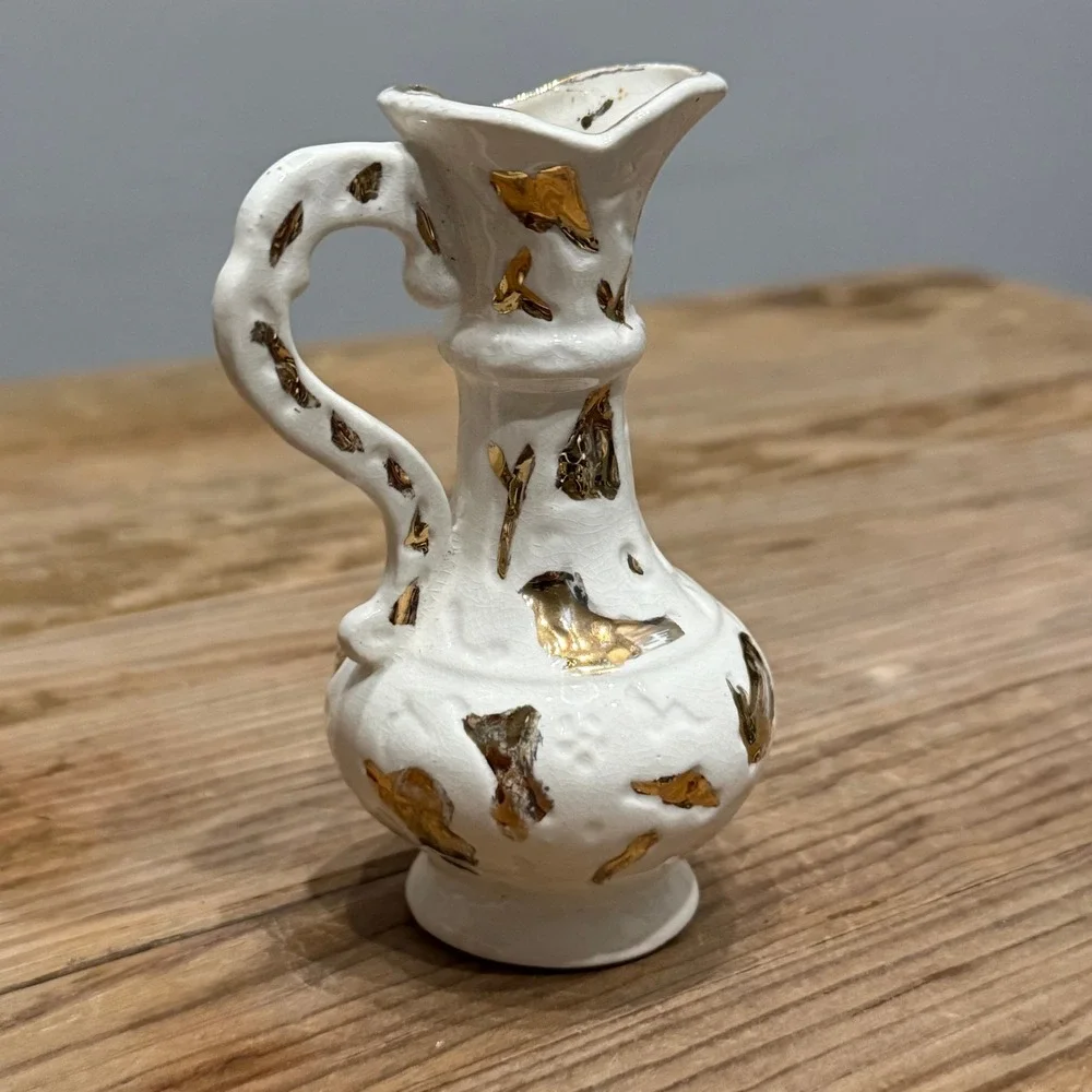 Vintage Antique Miniature White Crackle Glaze Ceramic Pitcher Gold Leaf Accents